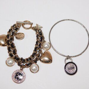 Set 2 GUESS Bracelets Bangle & Charm Gold Silver Tone hearts half Pearl Jewelry